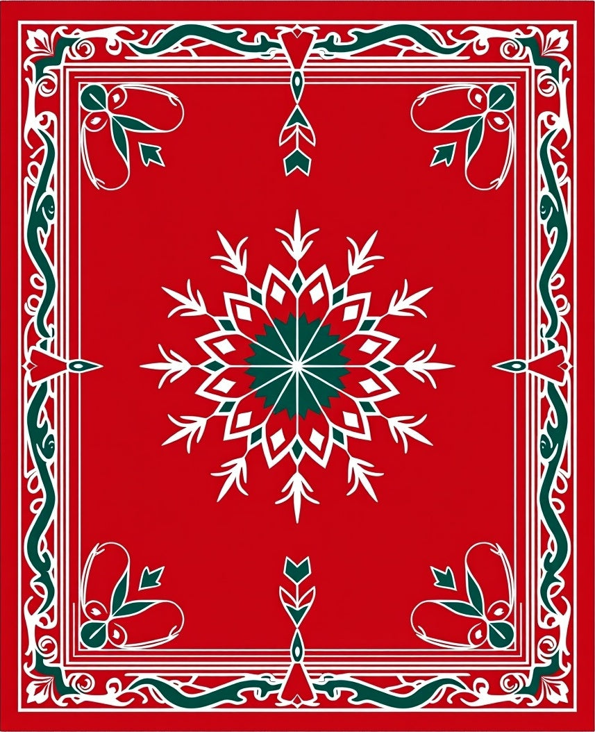 Red Snowflake Border With Green Accents Rug