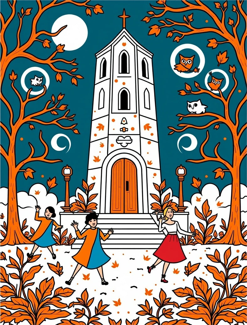 Autumn Church Owls And Dancing Children Rug