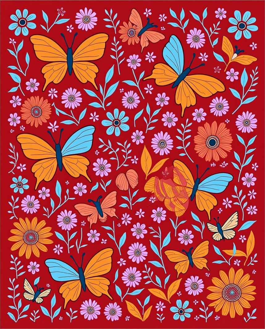 Crimson Garden Butterflies Floral Medley Rug