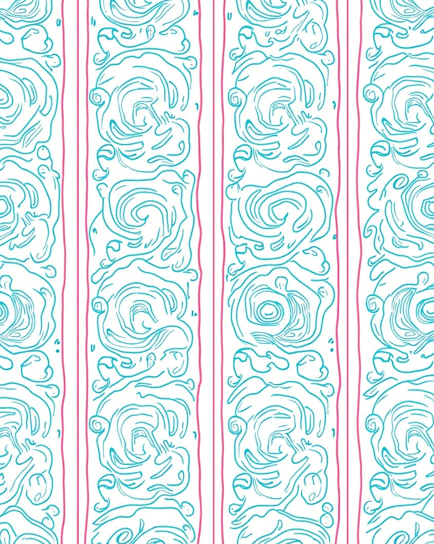 Aqua Pink Curlicue Vertical Stripe Rug