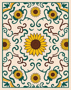Golden Sunflower Folk Art Scroll Rug