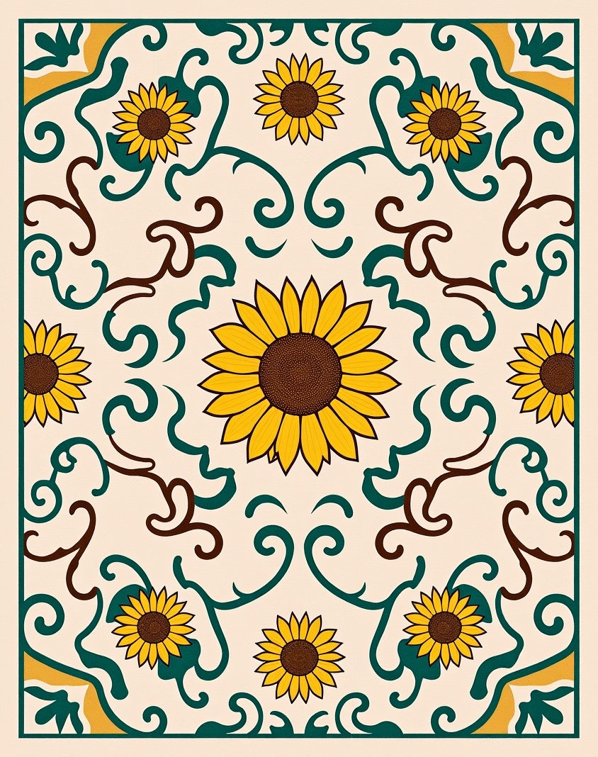 Golden Sunflower Folk Art Scroll Rug