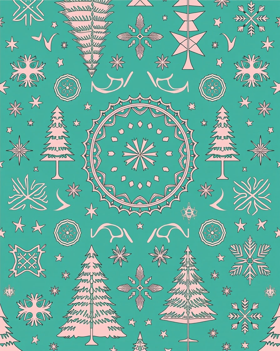 Teal Pink Christmas Tree Snowflake Medallion Rug