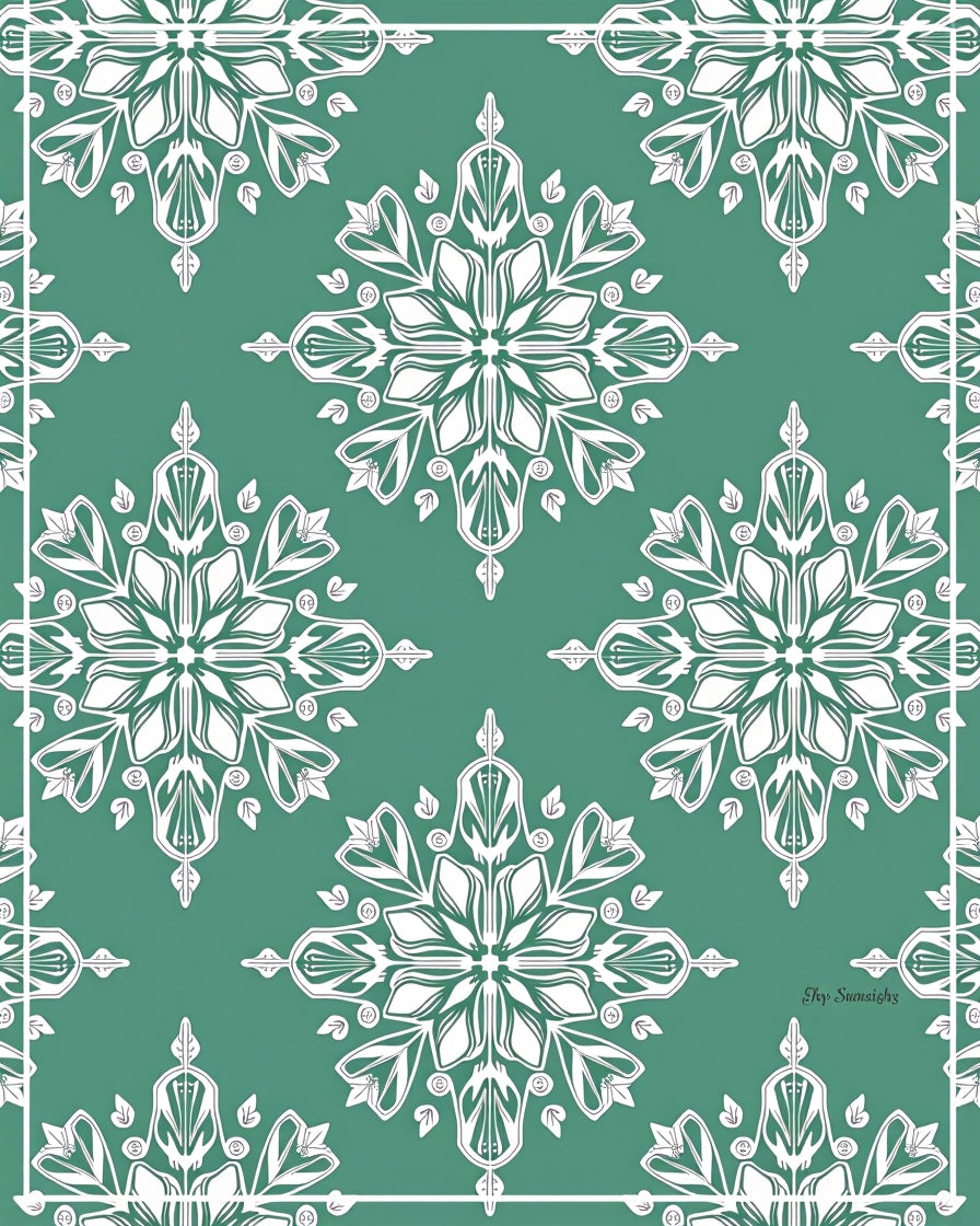 Teal White Floral Medallion Art Nouveau Rug