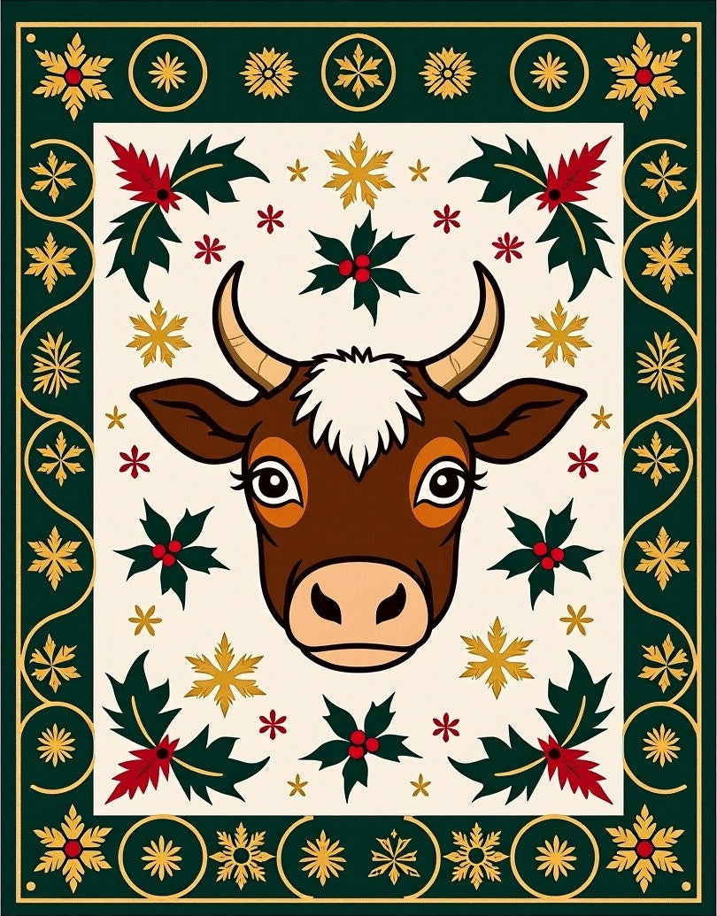 Festive Brown Bull Holly Star Rug
