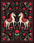 Crimson Horses Floral Border Art Rug