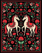 Crimson Horses Floral Border Art Rug
