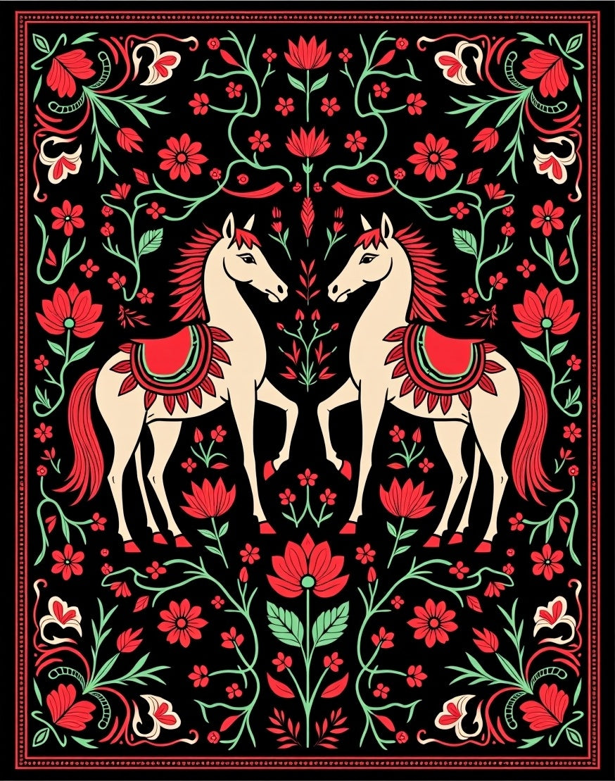 Crimson Horses Floral Border Art Rug