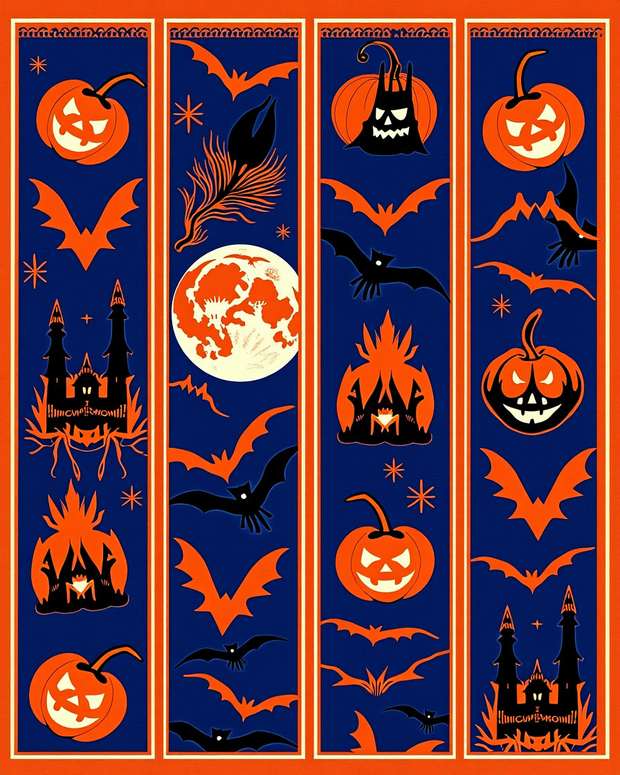 Spooky Orange Pumpkin Bat Moon Castle Rug