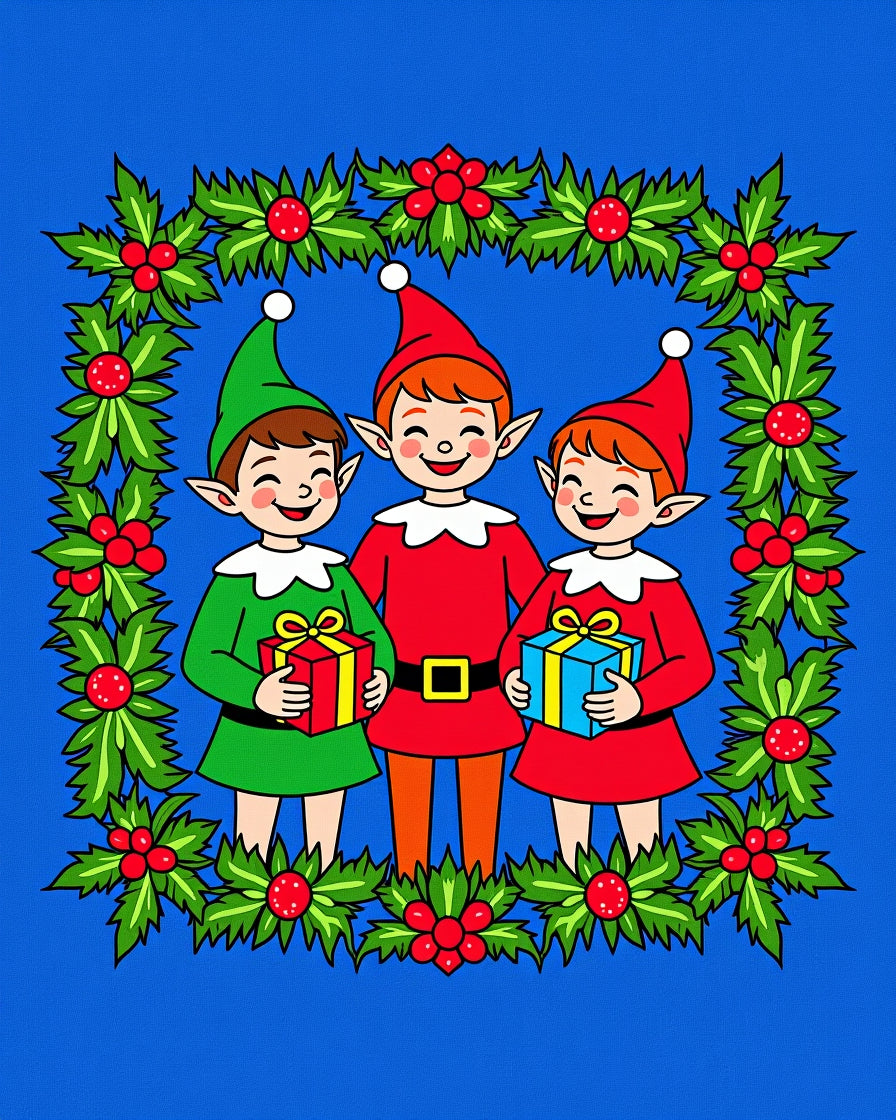 Christmas Elves Holly Wreath Border Rug