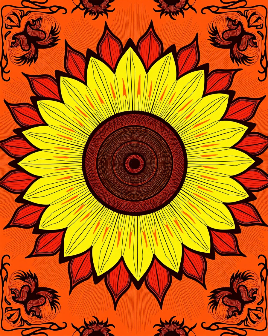 Bold Sunburst Yellow Red Floral Rug