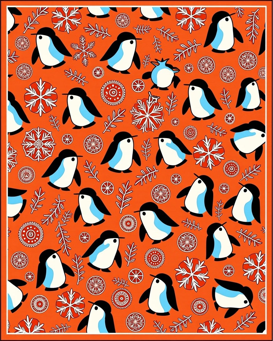 Whimsical Penguin Snowflakes Orange Rug