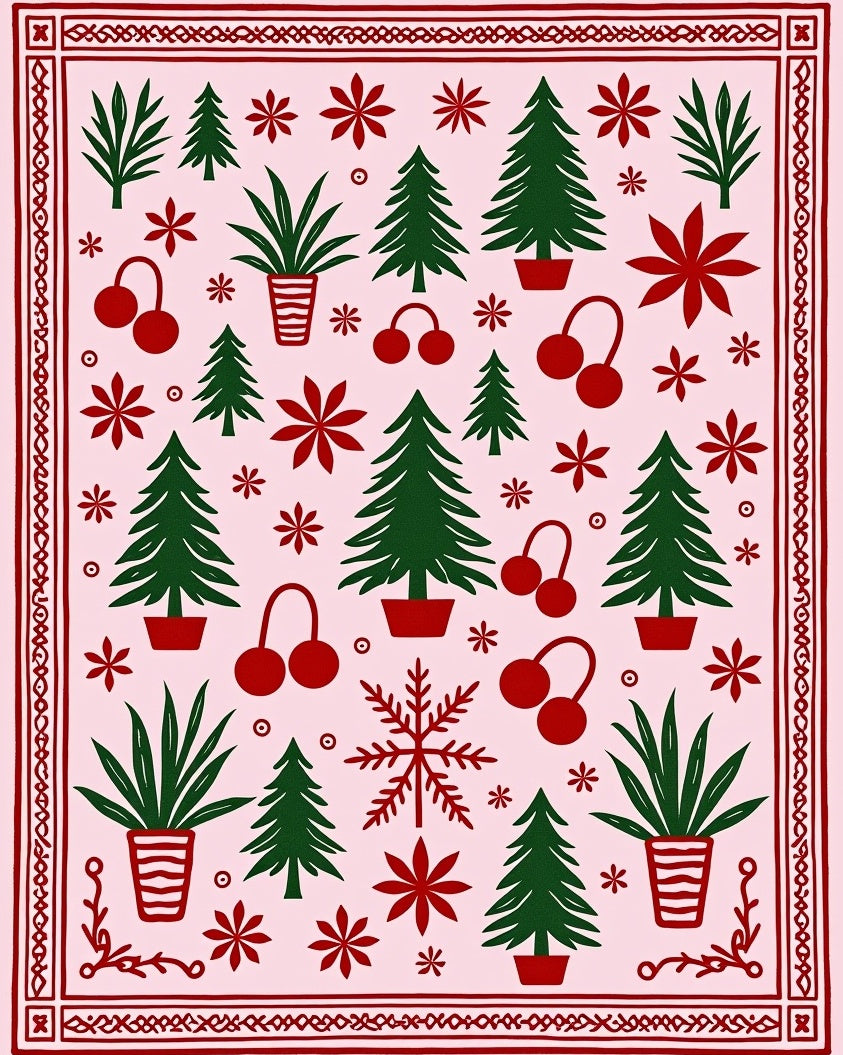 Pink Red Green Christmas Tree Foliage Rug