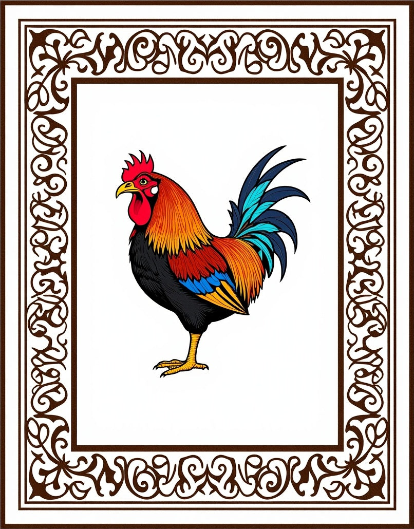 Brown Floral Border Rooster Vivid Rug