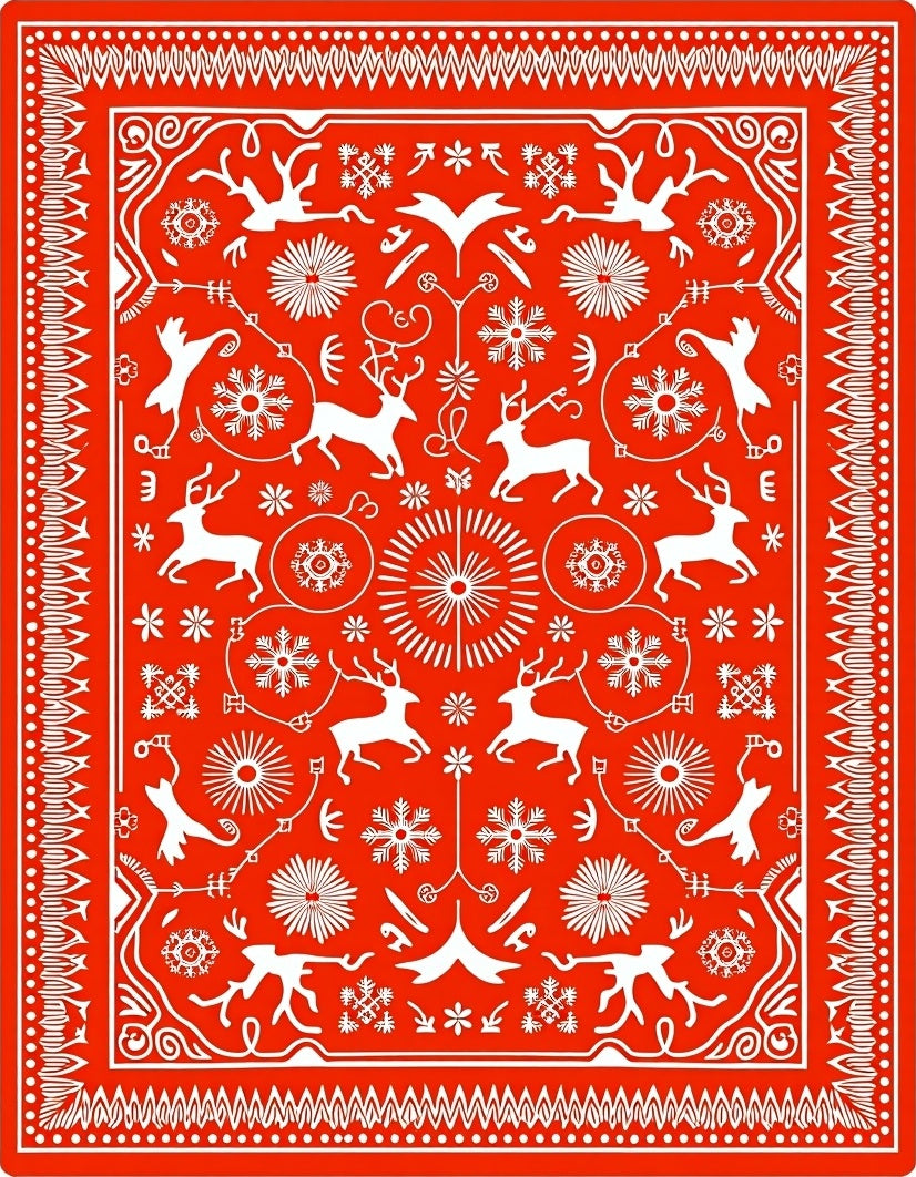 Bright Red Winter Deer Snowflake Scene Rug