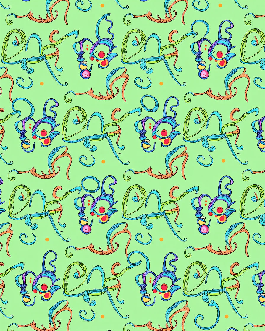 Whimsical Blue Orange Swirls Green Background Rug