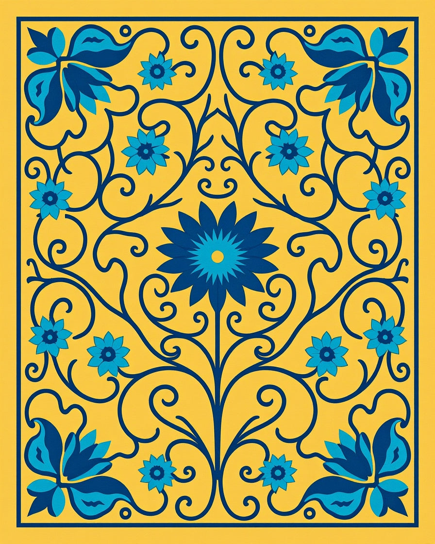 Vibrant Yellow Blue Floral Swirls Rug