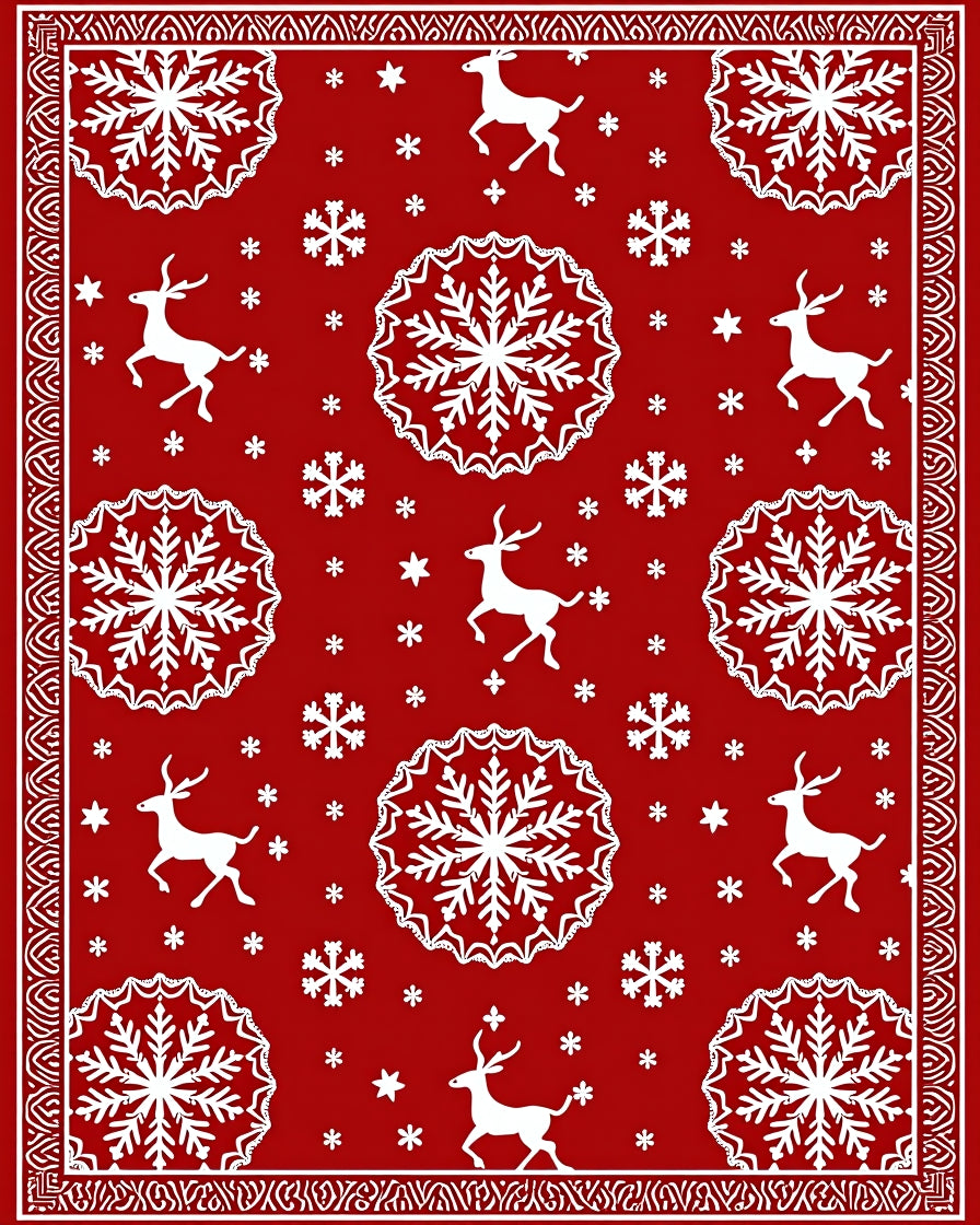 Red Snowflakes Reindeer Winter Scene Rug