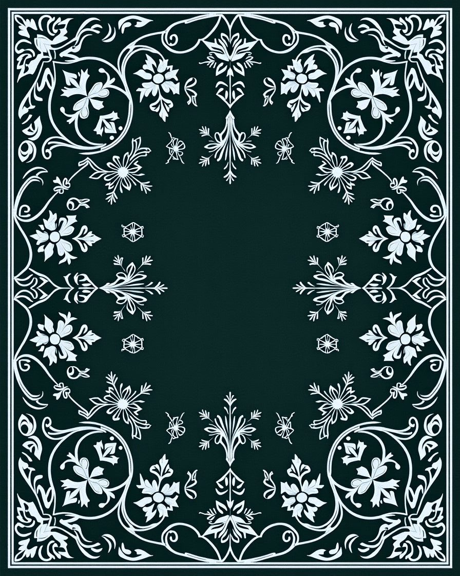 Dark Teal White Floral Scroll Rug