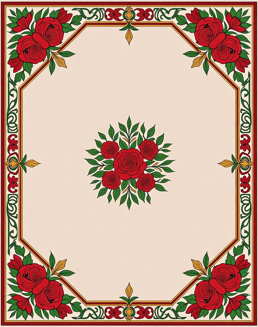 Crimson Rose Floral Octagon Border Rug