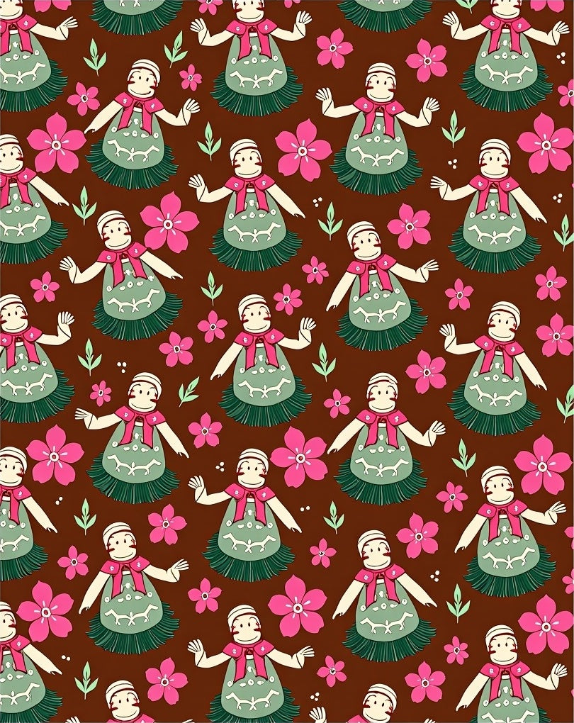 Retro Pink Floral Dancing Figures Rug