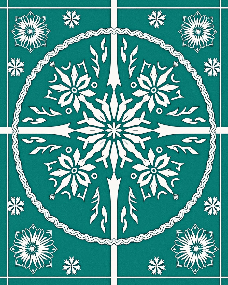 Teal White Snowflake Mandala Medallion Rug