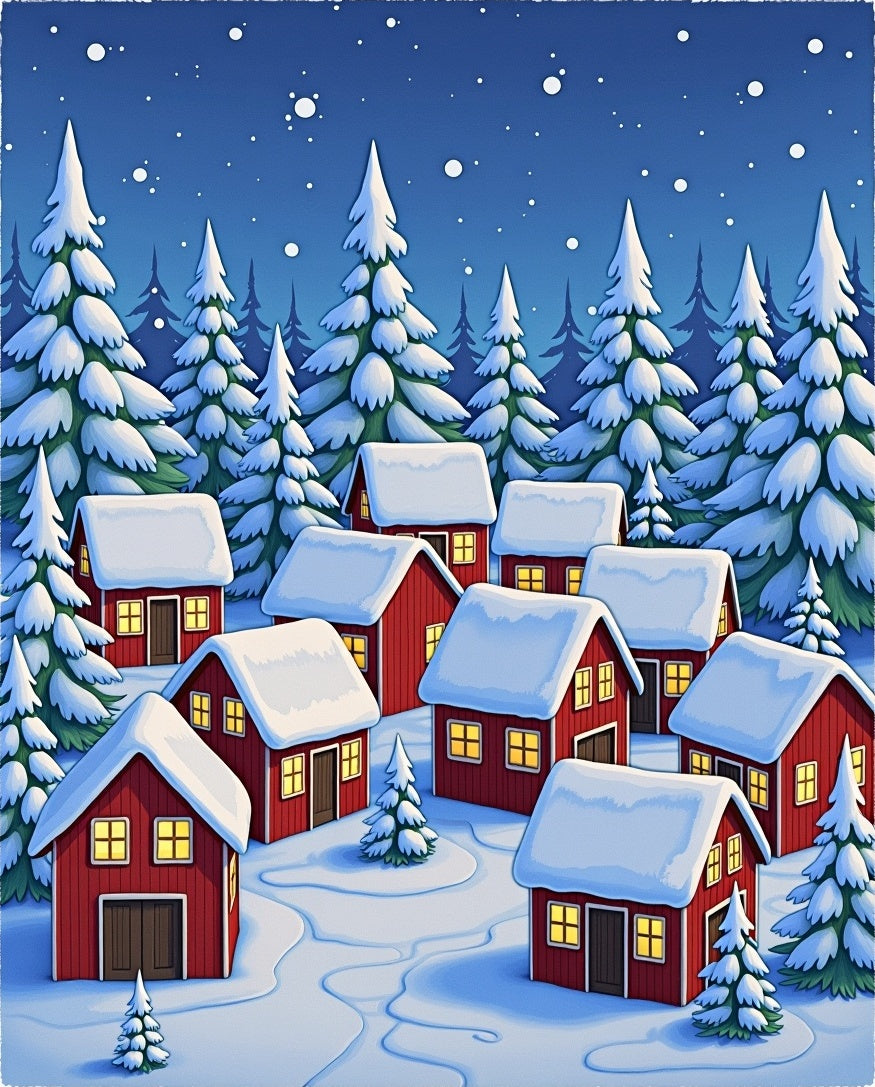Cozy Red Cabins Snowy Winter Scene Rug