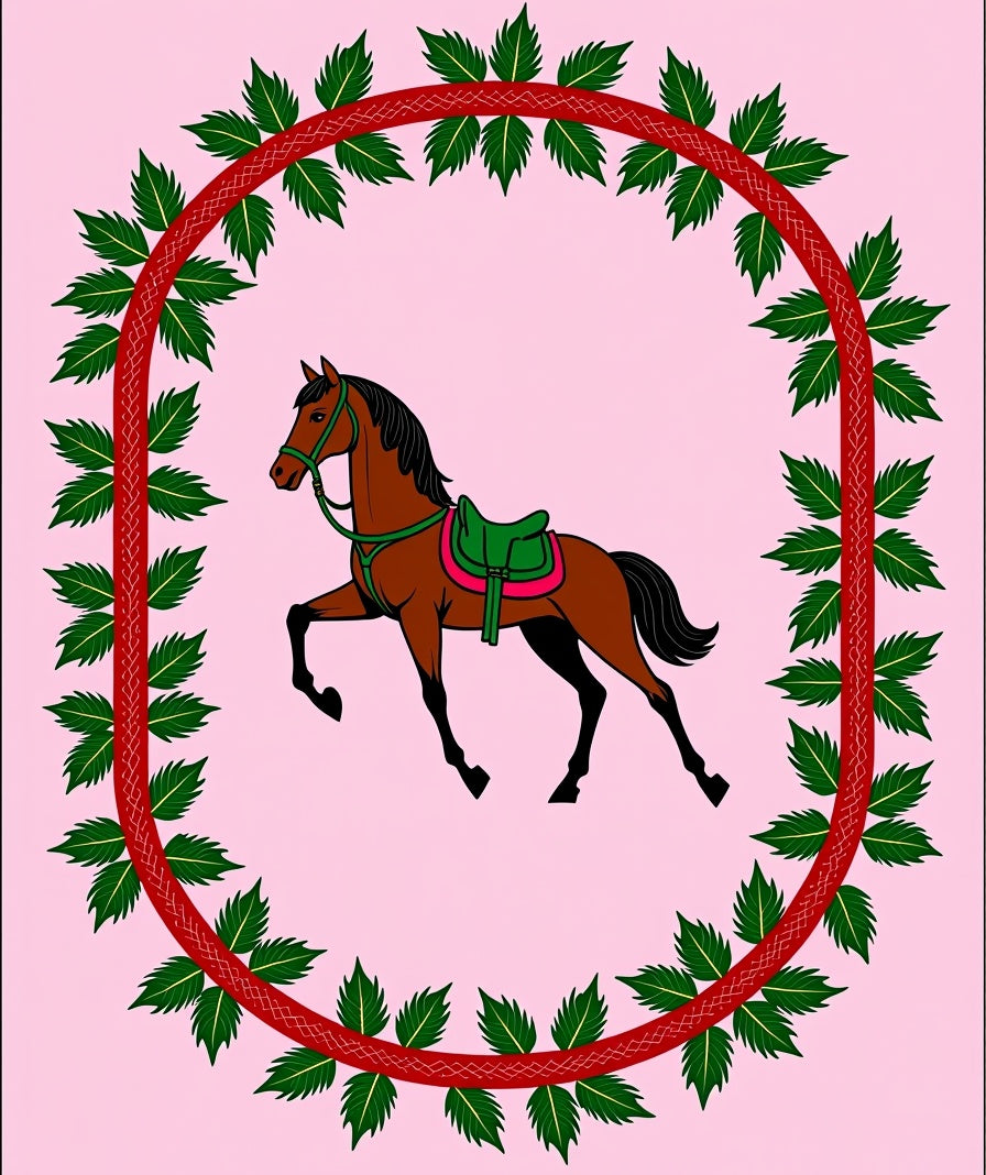 Equestrian Green Leaf Oval Frame Rug