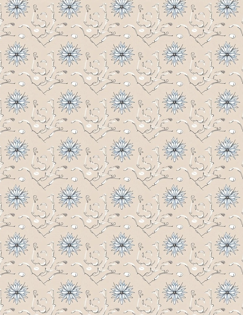 Beige Blue Floral Vine Sketch Rug