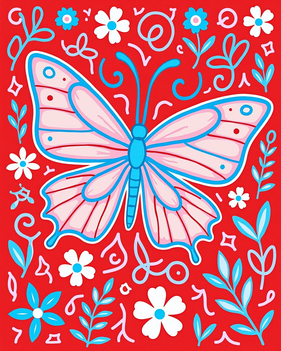 Whimsical Pink Butterfly Floral Collage Rug