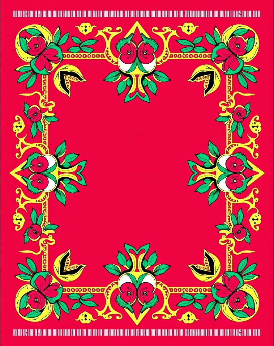 Vibrant Red Floral Scroll Border Rug