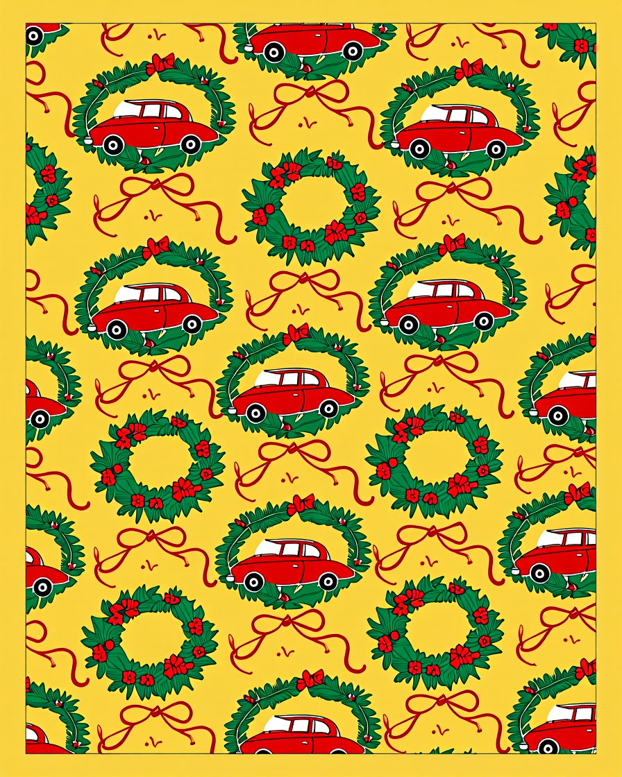 Red Car Wreath Festive Charm Rug