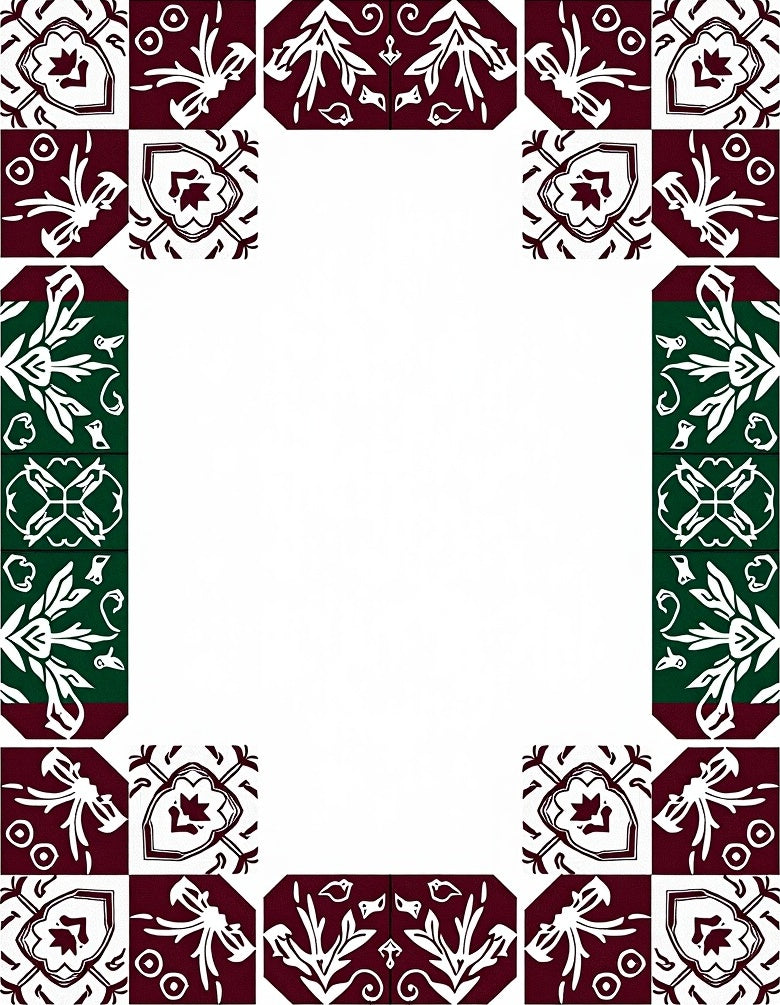 Maroon White Green Floral Tile Frame Rug