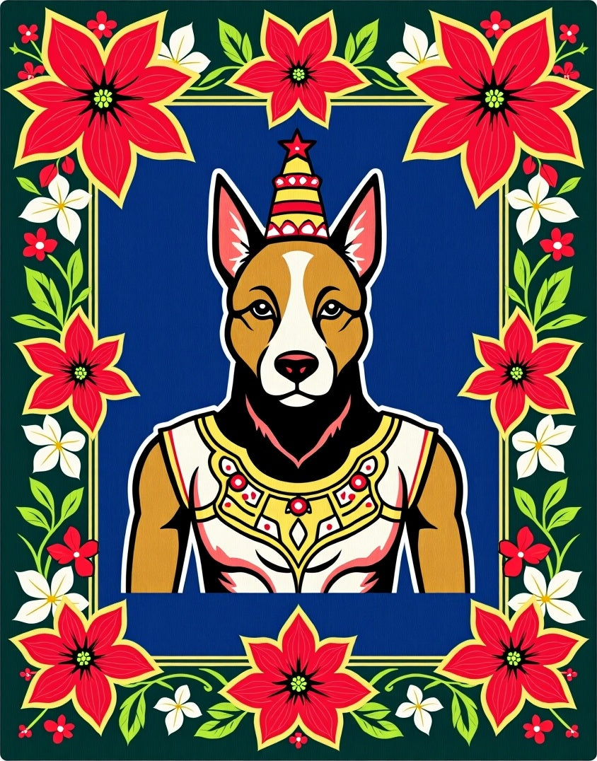 Festive Red Floral Border Dog Portrait Rug