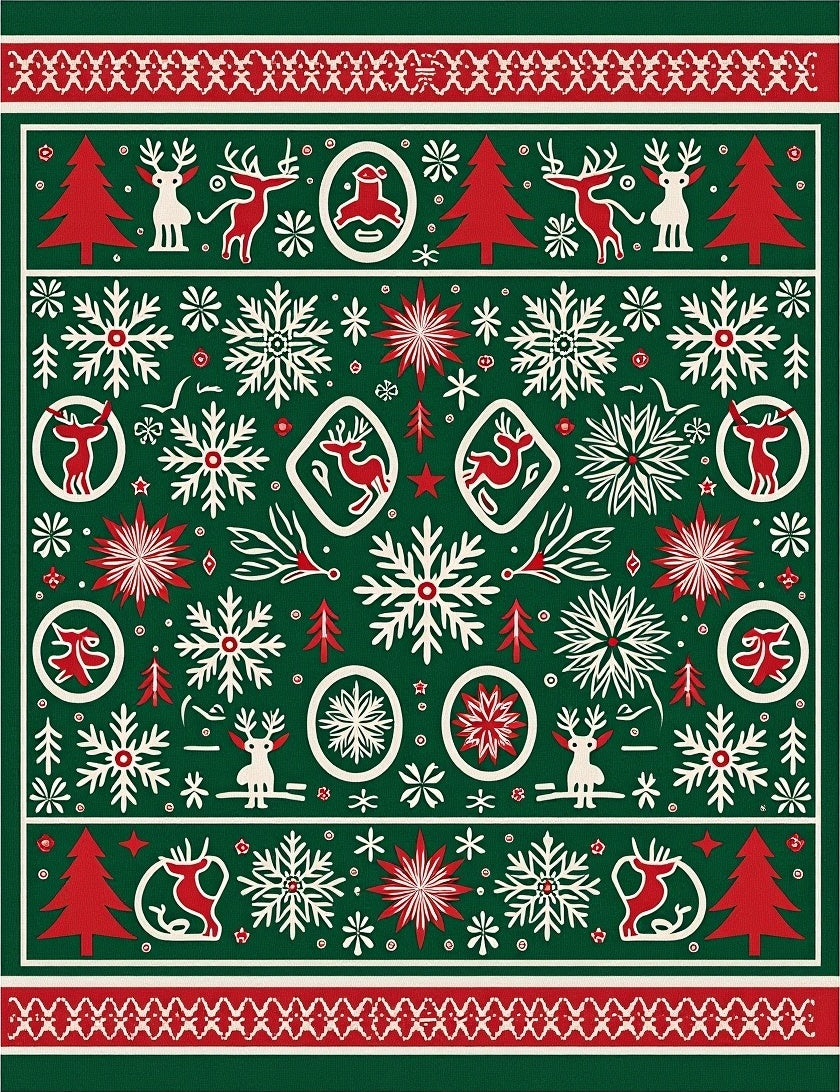 Festive Green Woodland Christmas Scene Rug