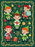Christmas Elves Presents Green Gold Border Rug