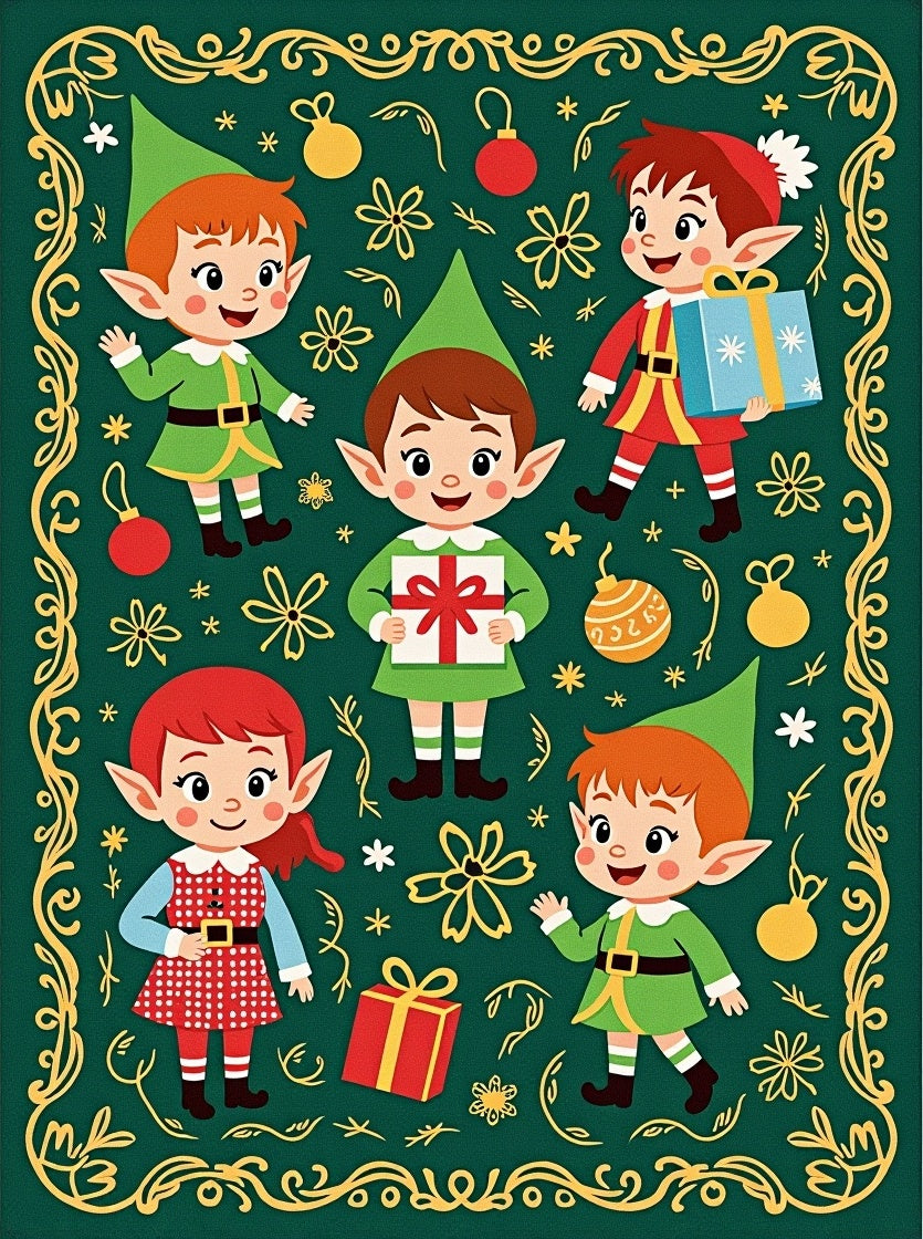 Christmas Elves Presents Green Gold Border Rug