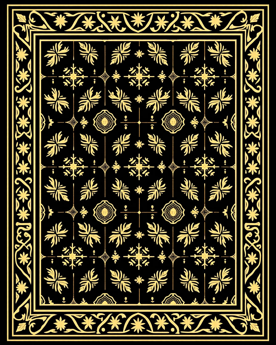 Black and Gold Floral Medallion Border Rug