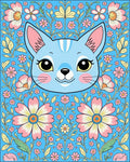 Whimsical Blue Cat Floral Garden Rug