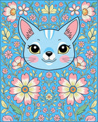 Whimsical Blue Cat Floral Garden Rug