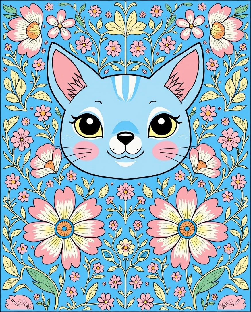 Whimsical Blue Cat Floral Garden Rug