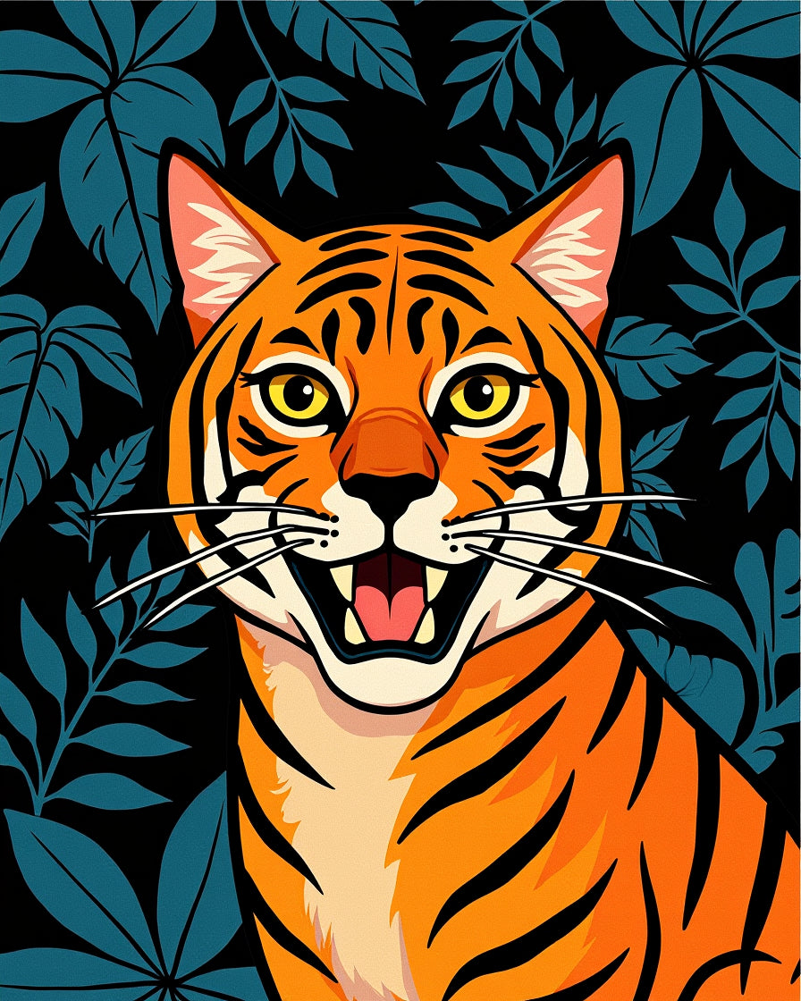 Vibrant Orange Tiger Jungle Leaves Rug