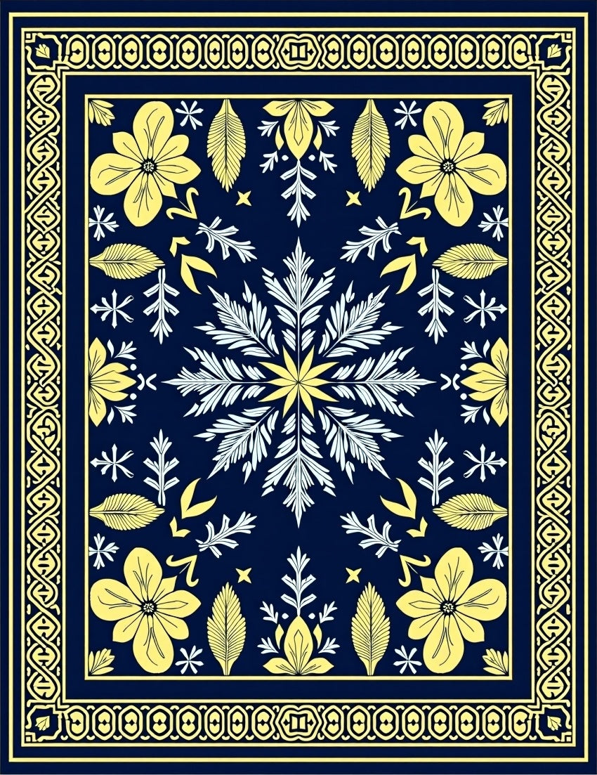 Navy Yellow Floral Medallion Border Rug