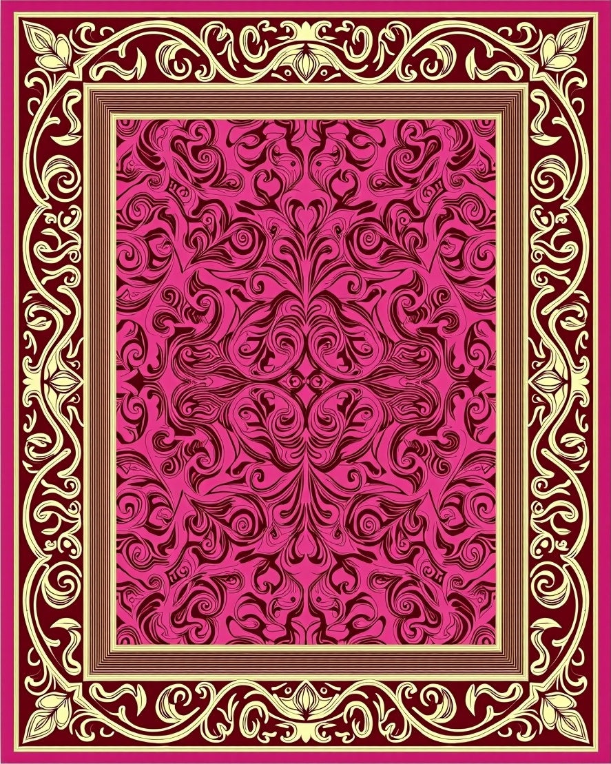 Crimson Pink Floral Damask Frame Rug