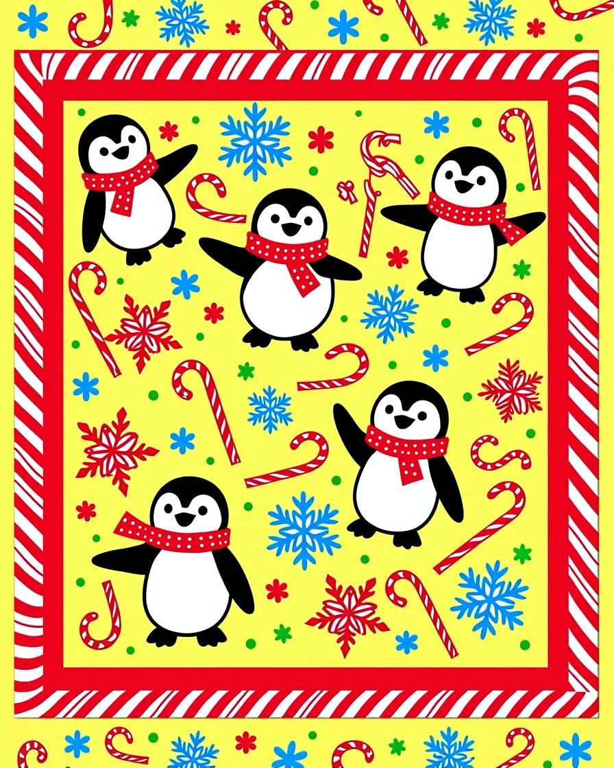 Playful Yellow Penguin Candy Cane Snowflakes Rug