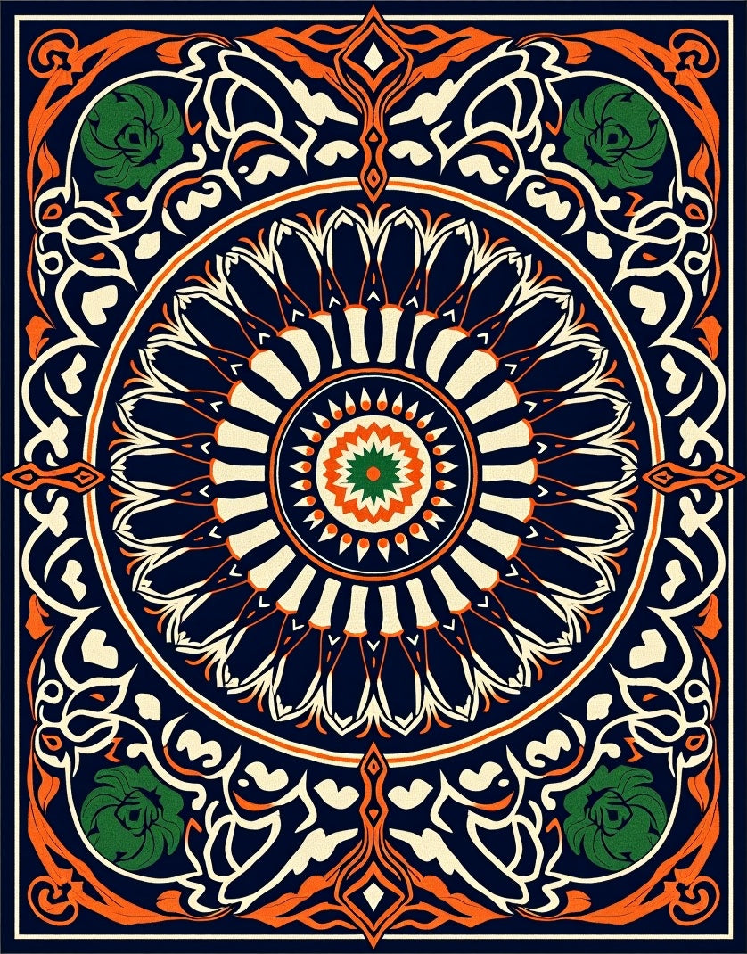 Navy Orange Green Floral Mandala Rug