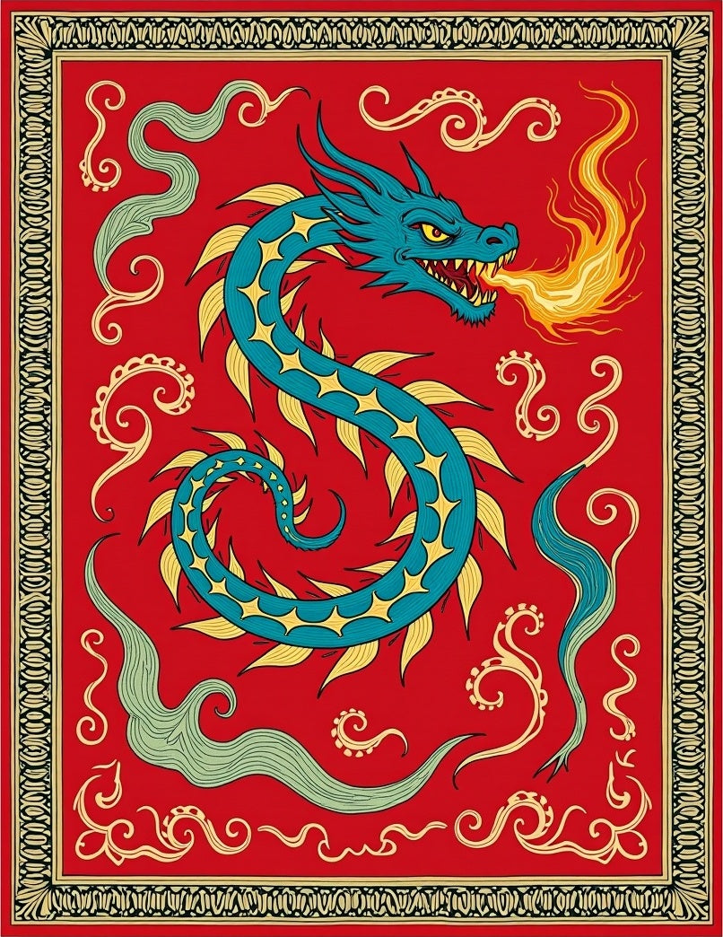 Fiery Blue Dragon Red Swirls Rug
