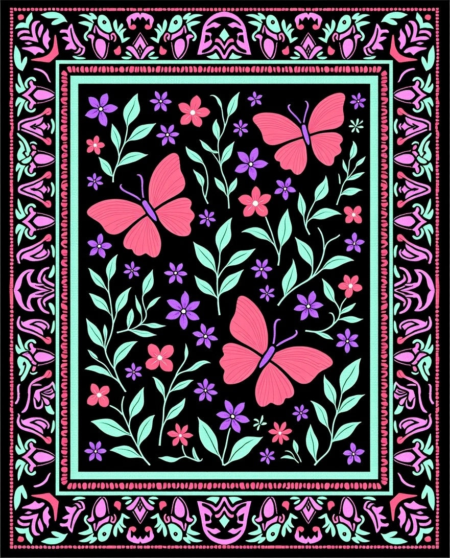 Whimsical Pink Butterfly Floral Art Rug