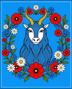 Bold Blue Goat Floral Crown Rug