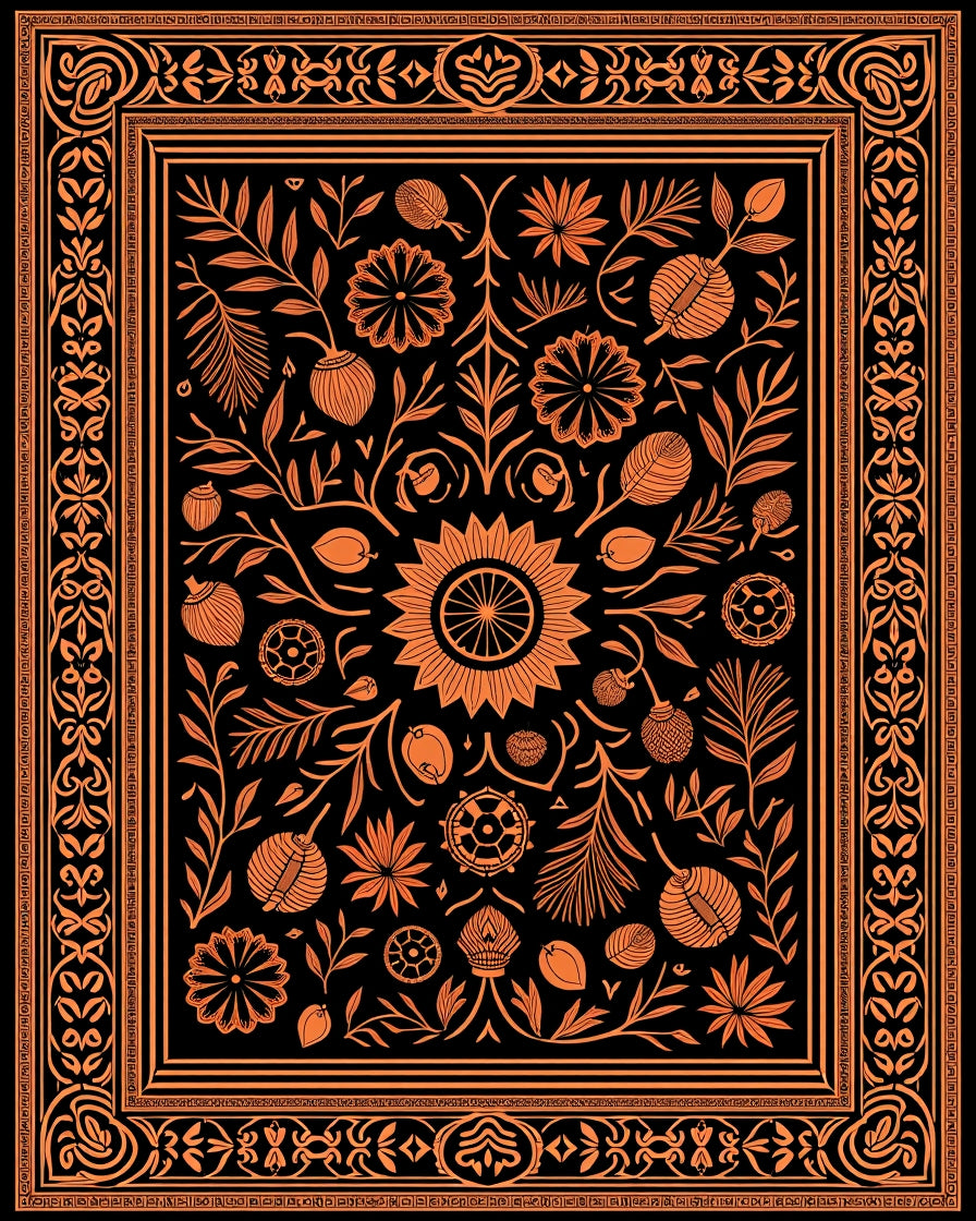 Black Orange Botanical Garden Medallion Rug